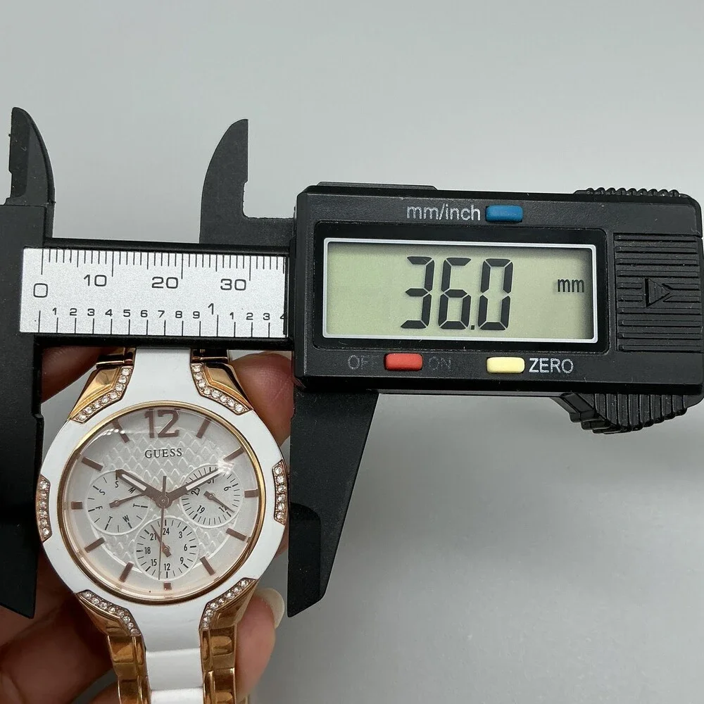 Guess U0556L3 Women Watch 36mm Crystals Rose Gold Tone Day Date New Battery 7.5